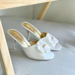 Chanel White Satin Camellia Flower Pearl Detail Heels