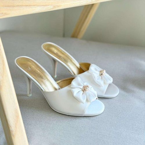 Chanel White Satin Camellia Flower Pearl Detail Heels