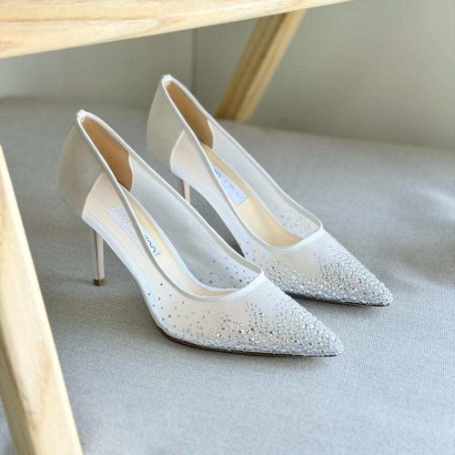 Jimmy Choo Love 85 White Mesh Degrade Crystals Pointed-Toe Pumps