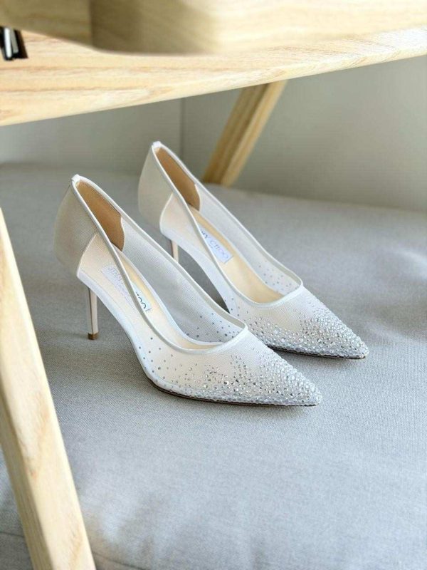 Jimmy Choo Love 85 White Mesh Degrade Crystals Pointed-Toe Pumps