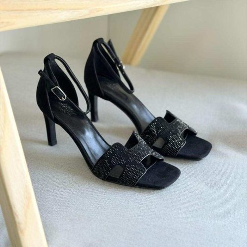 Hermes Joy 105 Black Suede Leather Crystal Ankle Strap Heels Sandal
