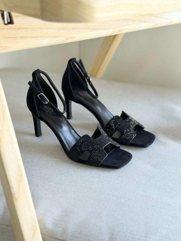 Hermes Joy 105 Black Suede Leather Crystal Ankle Strap Heels Sandal