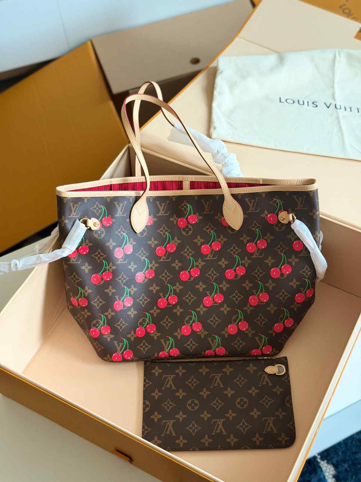 WhatsAppImage2026-04-17at10.49.24PM Louis Vuitton X Takashi Murakami Neverfull MM Red and Brown Cherry Monogram Canvas Tote Bag - Image 1