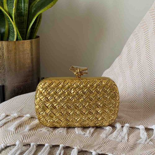 Bottega Veneta Knot Clutch Gold Wood Embossed