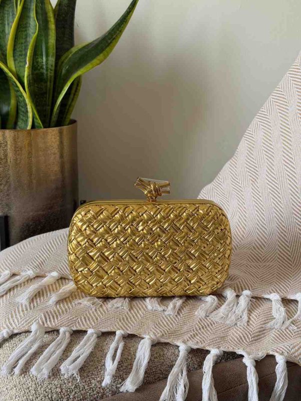 Bottega Veneta Knot Clutch Gold Wood Embossed