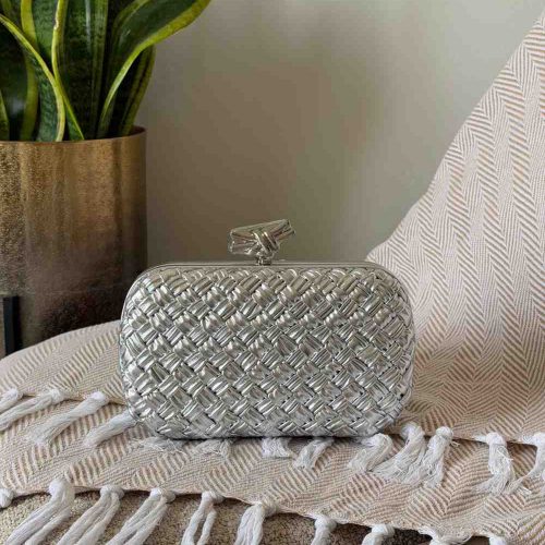 Bottega Veneta Knot Clutch Silver Wood-embossed