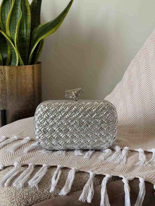 Bottega Veneta Knot Clutch Silver Wood-embossed