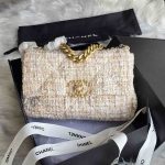 Chanel 19 Medium Beige And White Tweed Quilted Leather Flap Shoulder Bag
