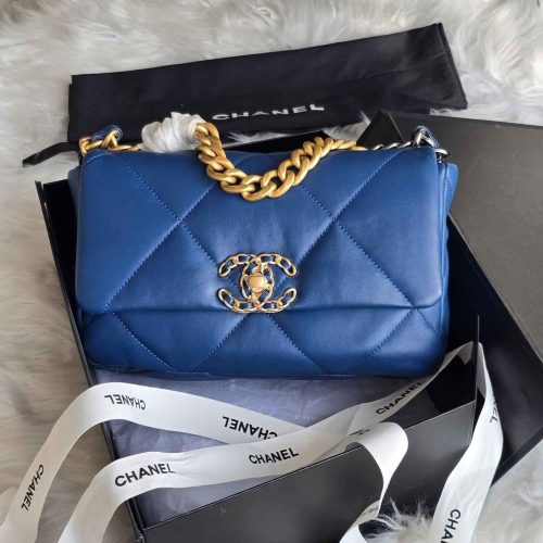 Chanel 19 Medium Blue Quilted Lambskin Leather Flap Shoulder Bag