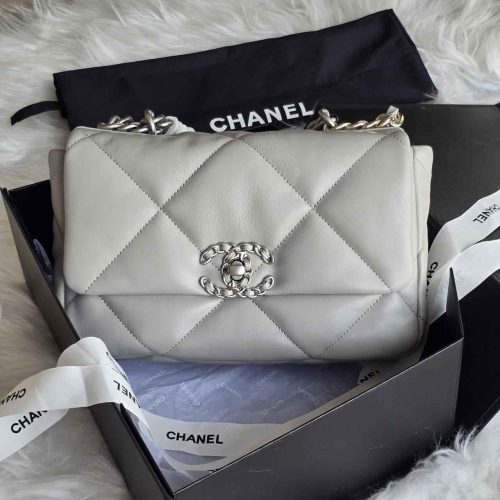 Chanel 19 Medium Grey Quilted Lambskin Leather Flap Shoulder Bag