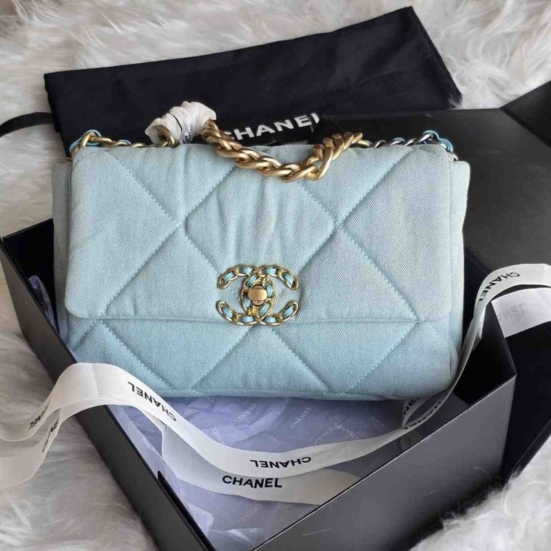 CHANEL 19 Medium Light Blue Quilted Lambskin Leather Flap Shoulder Bag