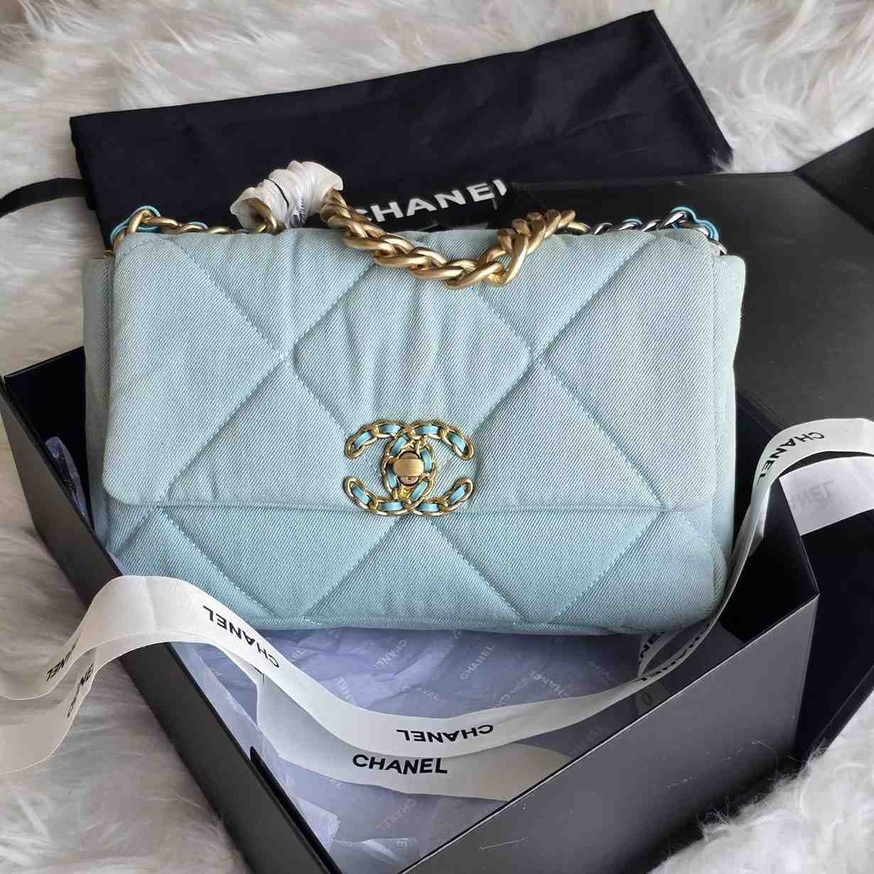 CHANEL19MediumLightBlueQuiltedLambskinLeatherFlapShoulderBag CHANEL 19 Medium Light Blue Quilted Lambskin Leather Flap Shoulder Bag