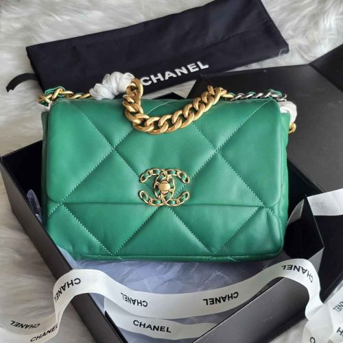 Chanel 19 Medium Light Green Lambskin Leather Flap Bag