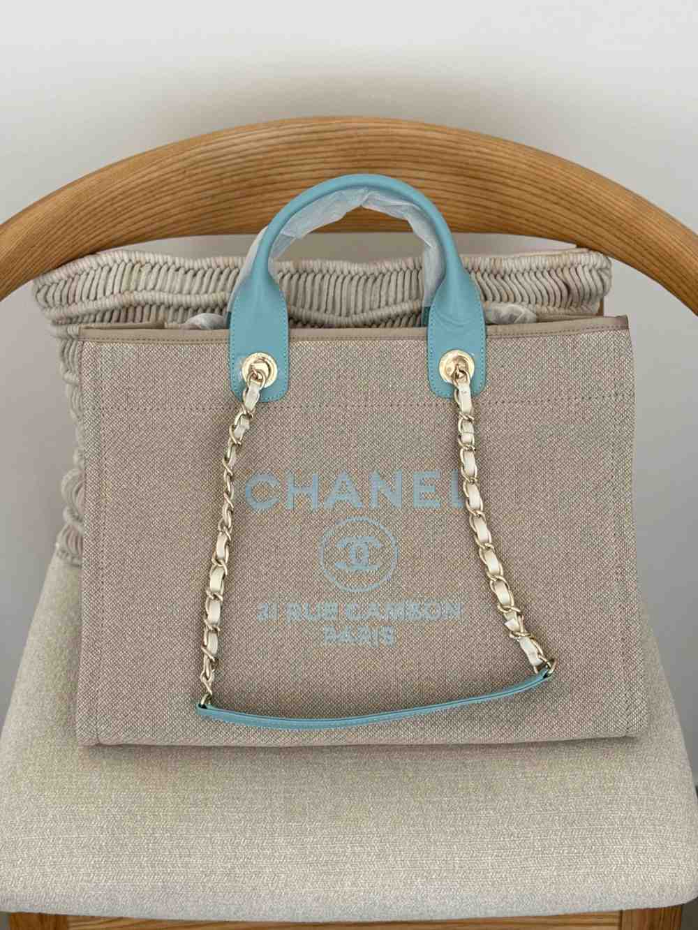 Chanel Deauville Tote Beige Denim Canvas Medium Chanel Deauville Tote Beige Denim Canvas Medium