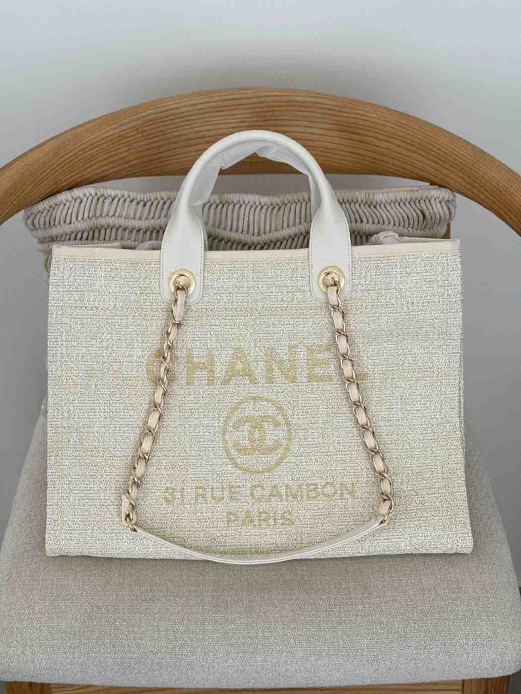 Chanel Deauville Tote Light Beige Canvas Medium Chanel Deauville Tote Light Beige Canvas Medium