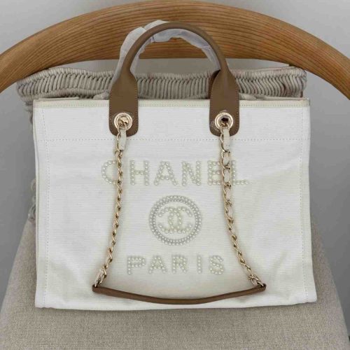 Chanel Deauville Tote Medium Ecru Beige Pearl Embellished