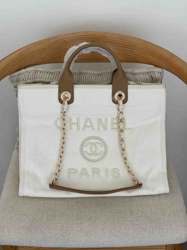Chanel Deauville Tote Medium Ecru Beige Pearl Embellished