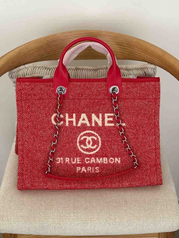 Chanel Deauville Tote Medium Red Canvas