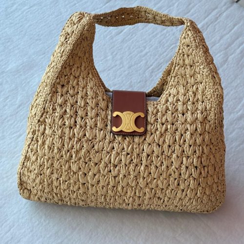 Celine Cabas Triangle Bag Natural Raffia and Tan