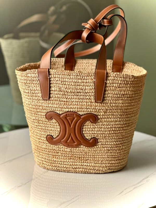 Celine Teen Supple Panier Tote Raffia And Calfskin