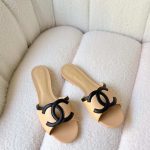 Chanel 26S Interlocking CC Logo Beige & Black Leather Flat Sandals