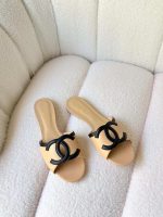 Chanel 26S Interlocking CC Logo Beige & Black Leather Flat Sandals