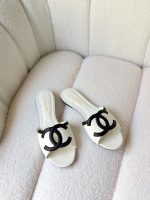 Chanel 26S Interlocking CC Logo Black & White Leather Flat Sandals