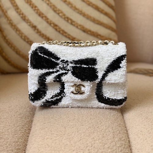 Chanel Black And White Sequin Ribbon Bow Mini Flap Bag