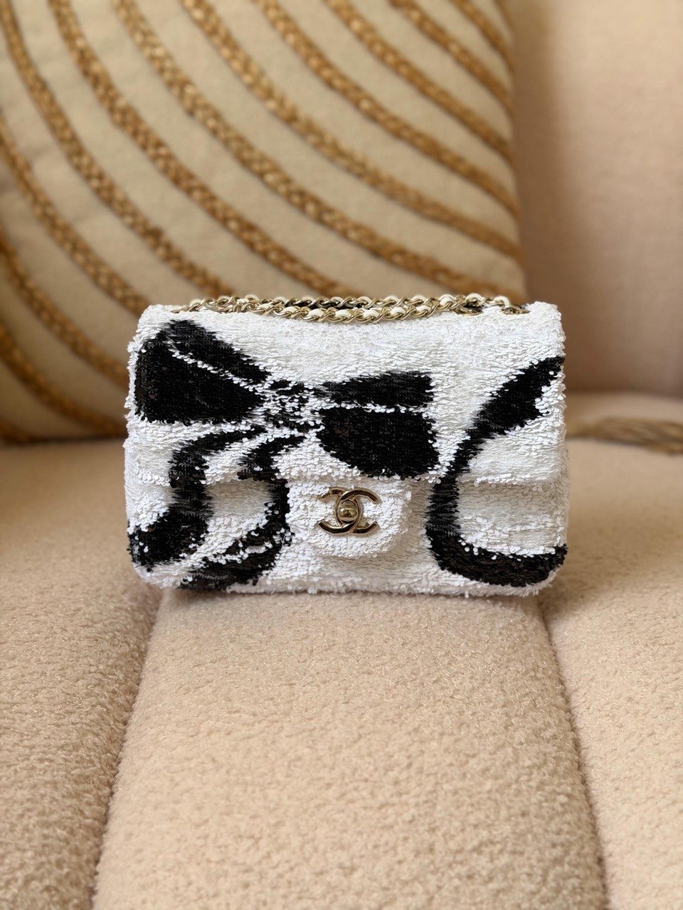 Chanel Black And White Sequin Ribbon Bow Mini Flap Bag Chanel Black And White Sequin Ribbon Bow Mini Flap Bag