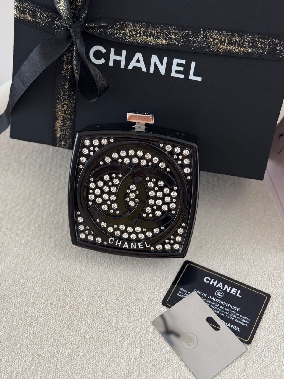 Chanel Black Crystals Embellished Makeup Compact Minaudiere Box Bag Chanel Black Crystals Embellished Makeup Compact Minaudiere Box Bag - Image 1