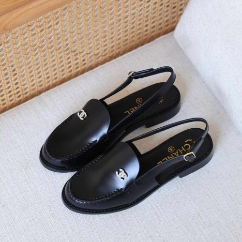 Chanel Black Slingback Loafers In CC Crystal Logo