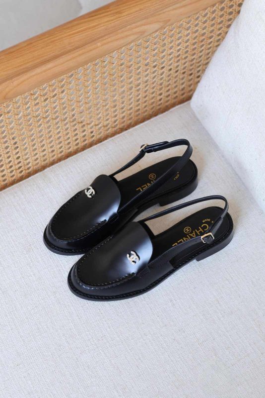 Chanel Black Slingback Loafers In CC Crystal Logo