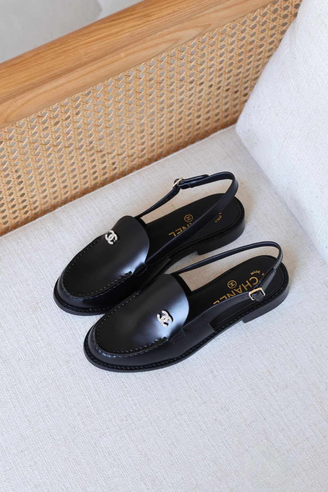 Chanel Black Slingback Loafers In CC Crystal Logo Chanel Black Slingback Loafers In CC Crystal Logo