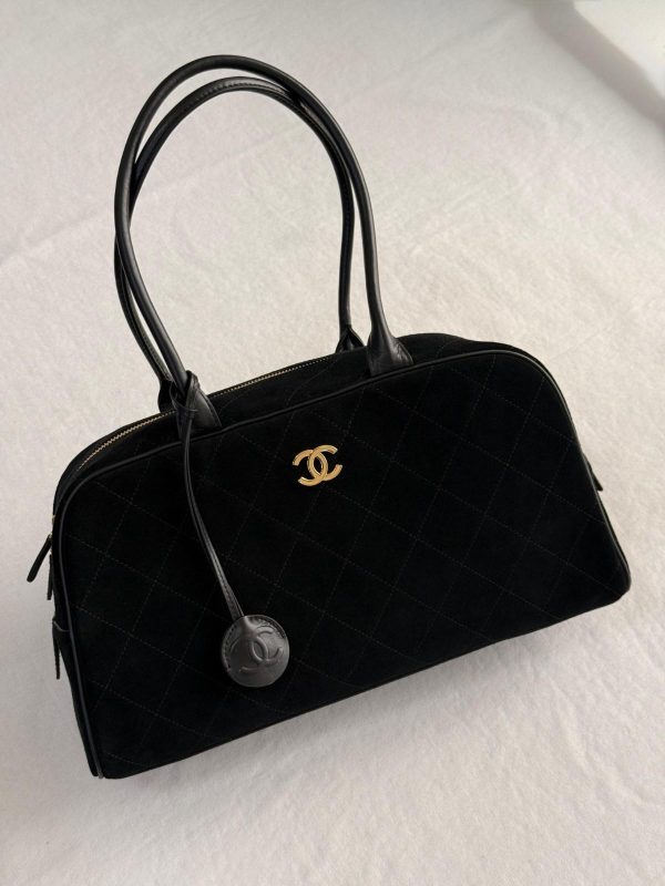 Chanel Black Suede Calfskin Large Perfect Bowling Bag