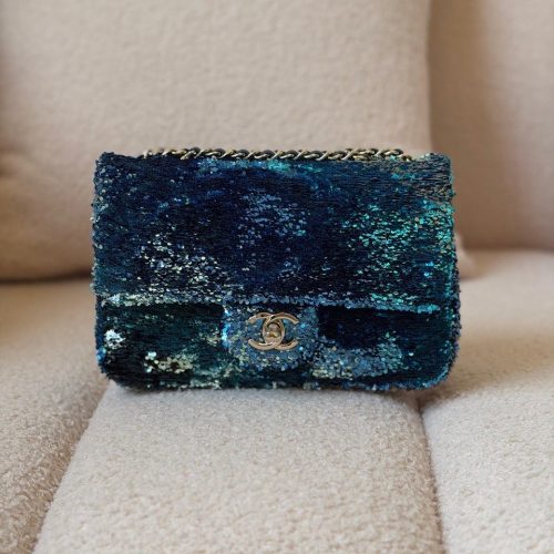 Chanel Blue Green Shaded Sequins Mini Flap Bag