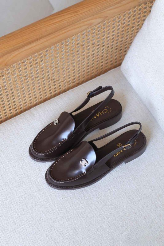 Chanel Burgundy Slingback Loafers In CC Crystal Logo
