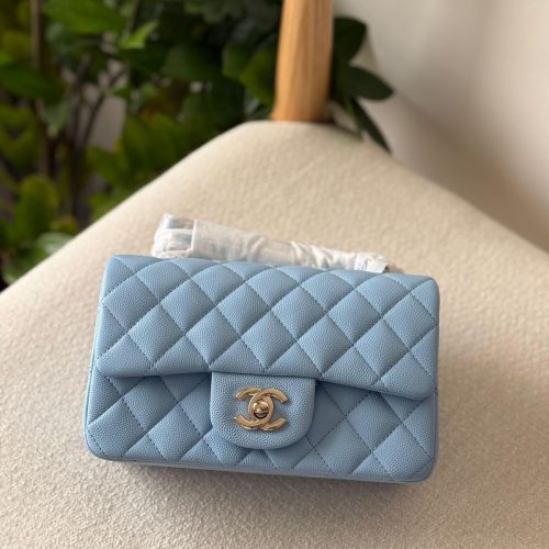 Chanel Classic Mini Flap Bag 20CM Light Blue Caviar Leather