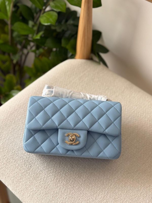 Chanel Classic Mini Flap Bag 20CM Light Blue Caviar Leather