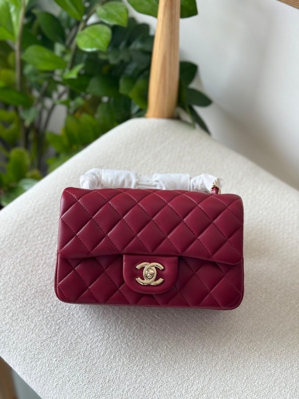 Chanel Classic Mini Flap Bag 20CM Maroon Quilted Lambskin Leather Gold Hardware
