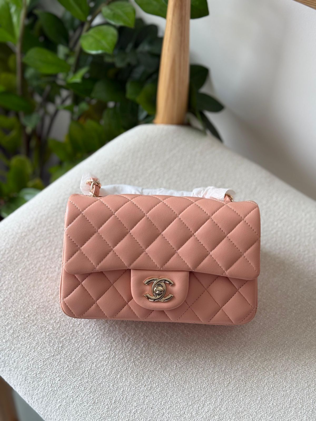 Chanel Classic Mini Flap Bag 20CM Peach Pink Lambskin Silver Hardware Chanel Classic Mini Flap Bag 20CM Peach Pink Lambskin Leather Silver Hardware - Image 1