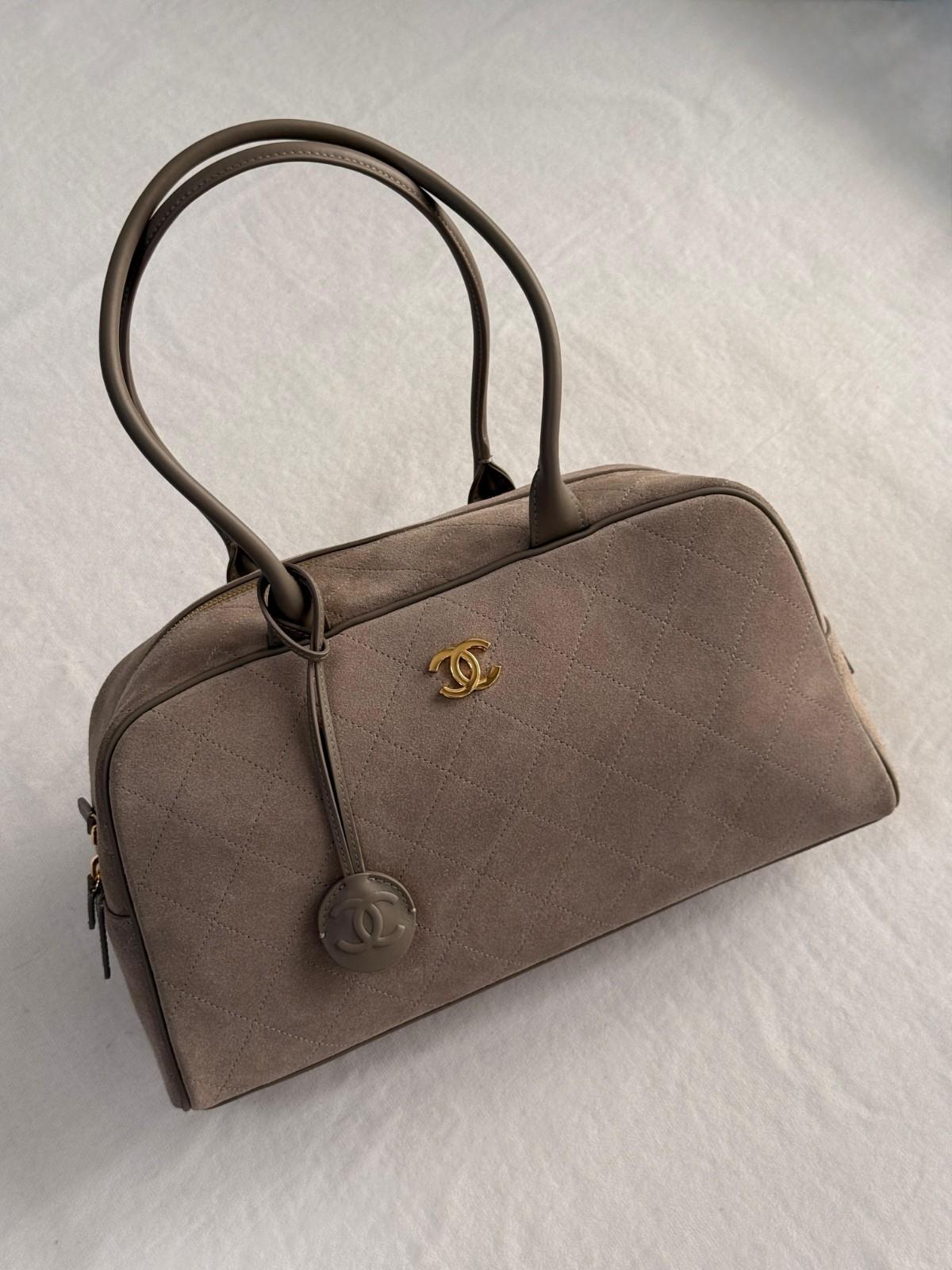 Chanel Dark Beige Suede Calfskin Large Perfect Bowling Bag Chanel Dark Beige Suede Calfskin Large Perfect Bowling Bag