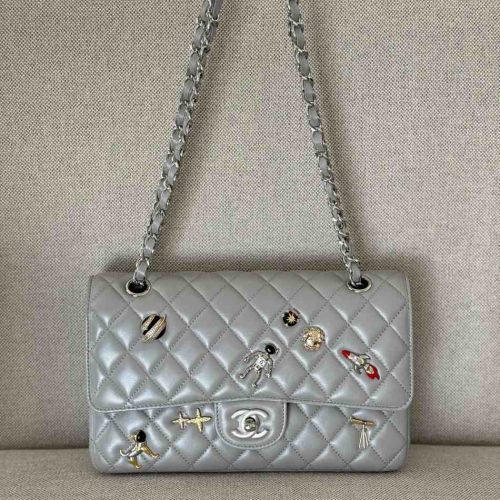 Chanel Metallic Silver Space Charm Quilted Flap Bag SHW