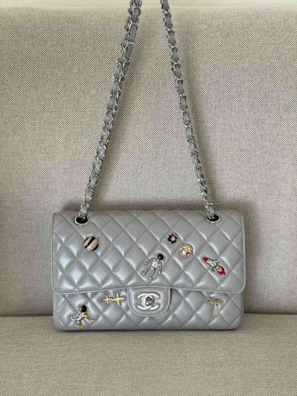 Chanel Metallic Silver Space Charm Quilted Flap Bag SHW