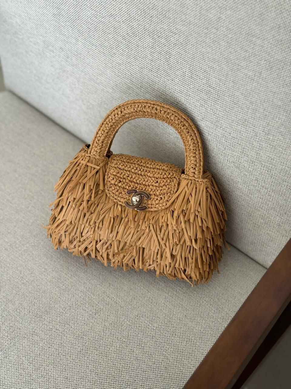 Chanel Kelly Bag Mini Fringe Beige Raffia Chanel Kelly Bag Mini Fringe Beige Raffia