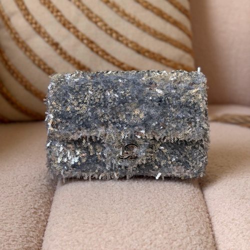 Chanel Silver Sequin Mini Rectangular Fringe Flap Bag