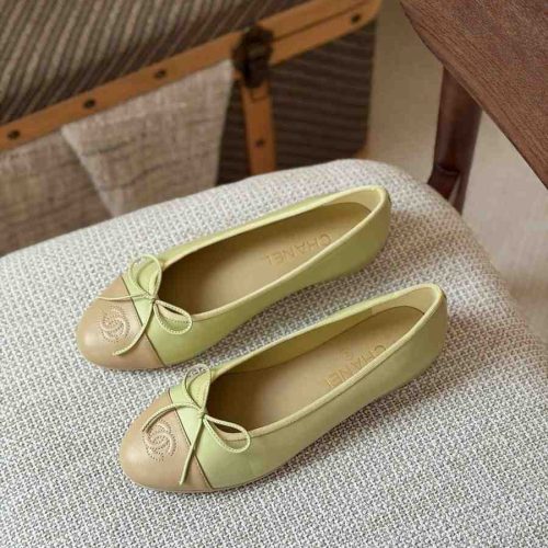 Chanel Light Green & Beige Lambskin Cap Toe CC Ballerina Flats