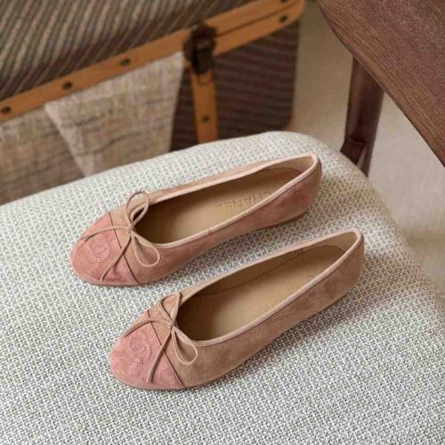 Chanel Light Pink and Coral Suede Calfskin Cap Toe CC Ballerina Flats