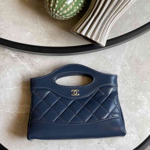 Chanel Nano 31 Navy Blue Quilted Shiny Lambskin Leather Bag With Chain