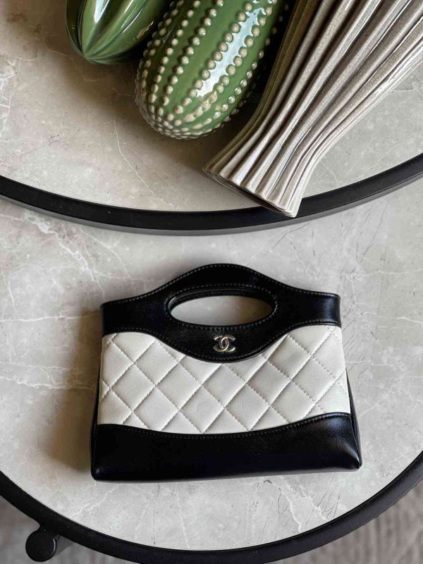Chanel Nano 31 White and Black Quilted Shiny Lambskin Leather Bag With Chain