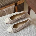 Chanel Off White Tweed Lambskin Cap Toe Ballerina Flats